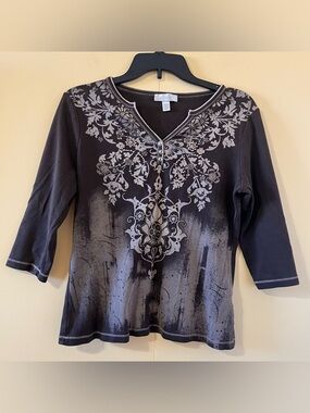 Dress Barn Y2K Brown Paisley Bedazzled Quarter Sleeve Shirt Pre-owned